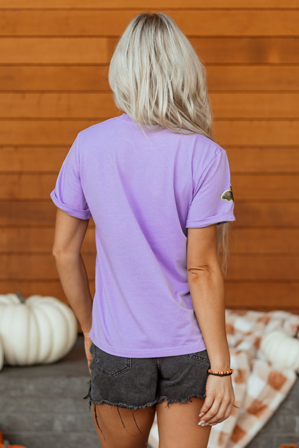 Wisteria Sequin Halloween Bat Patched Casual T Shirt