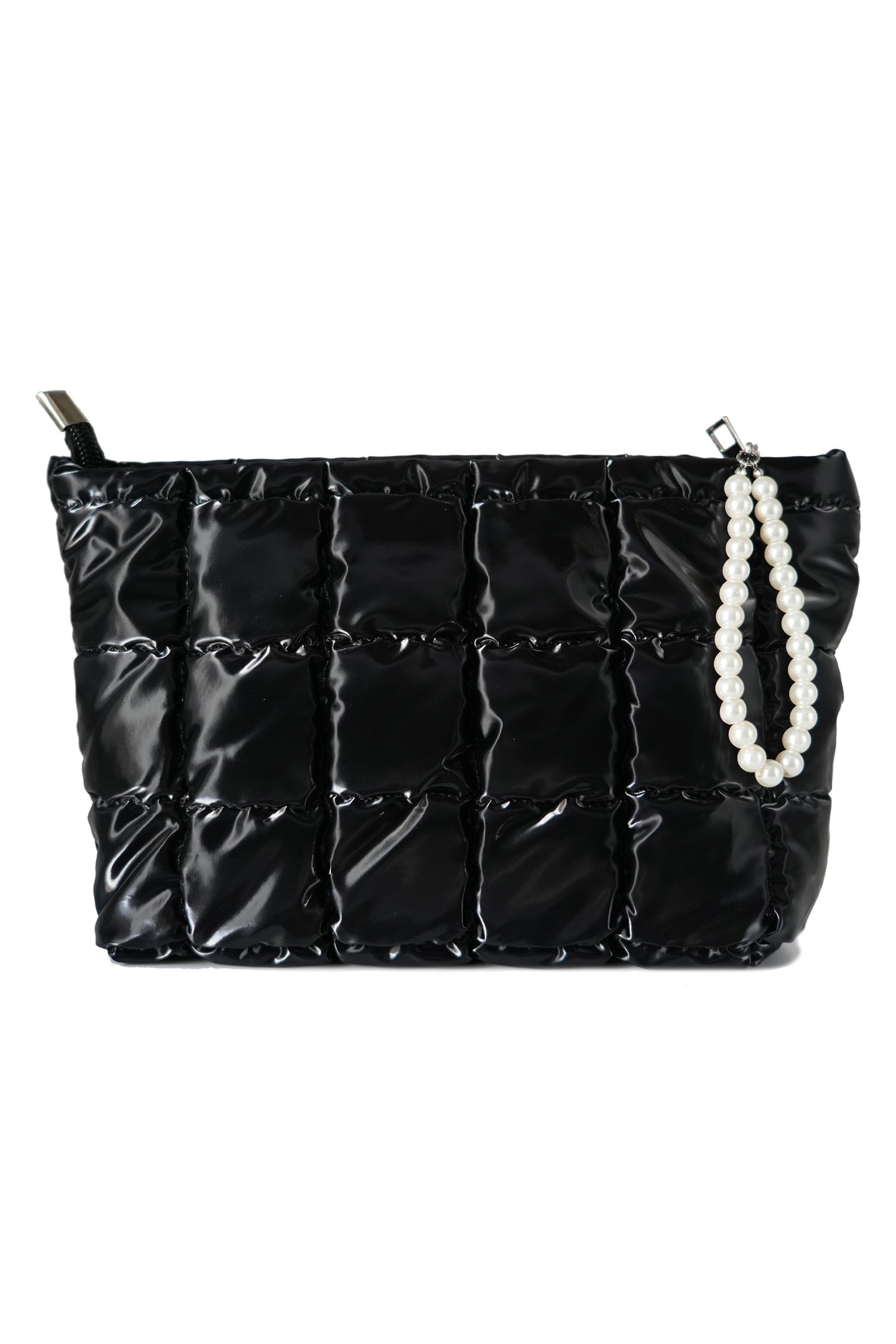Color black PU Leather Quilted Texture Pearl Chain Zip Makeup Bag