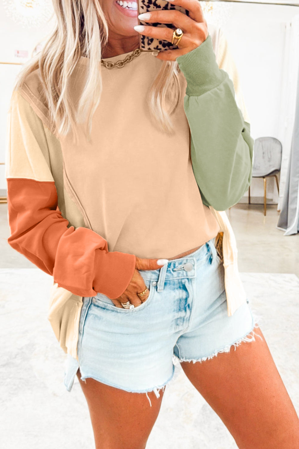 Beige Color Block Patchwork Split Hem Casual Sweatshirt