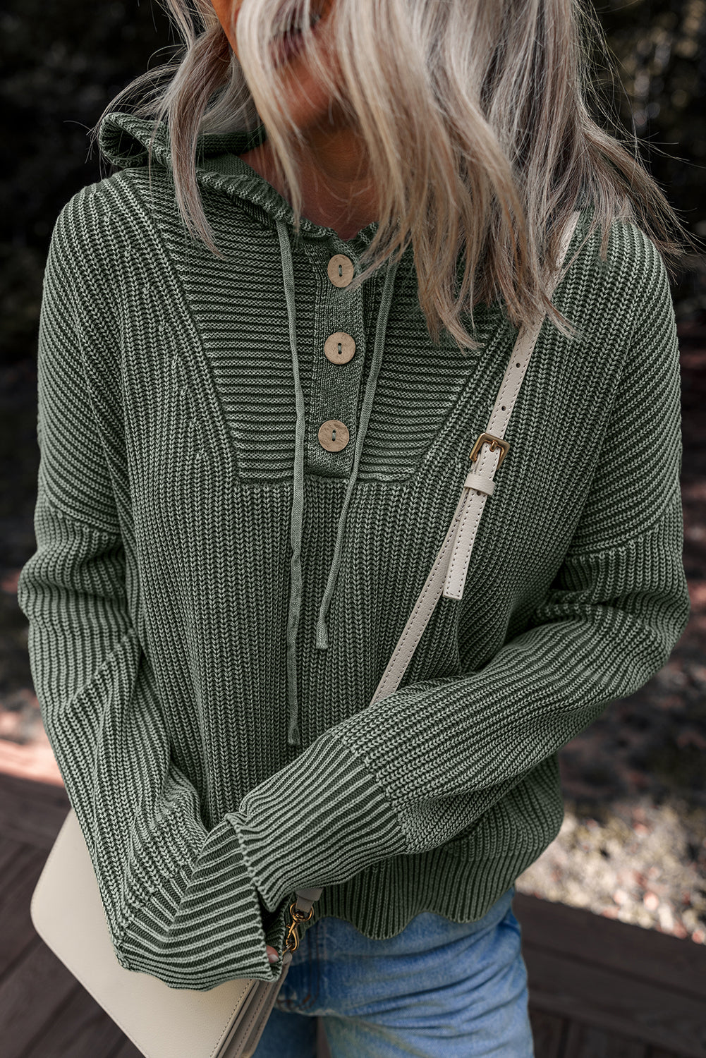 Mist Green Mineral Wash Ribbed Knit Button Drawstring Neck Hooded Sweater