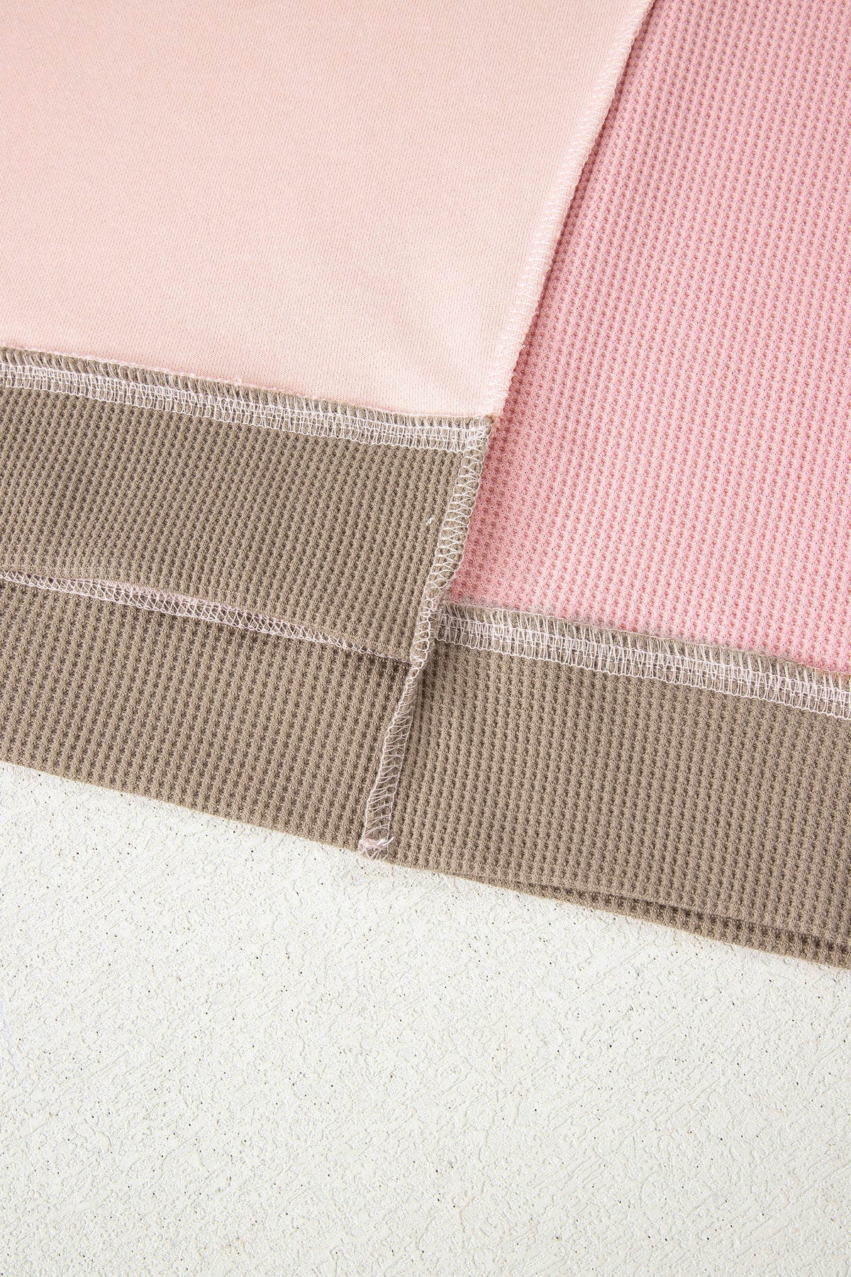 Light Pink Plus Color Block Waffle Patchwork Exposed Seam Baggy Sweatshirt