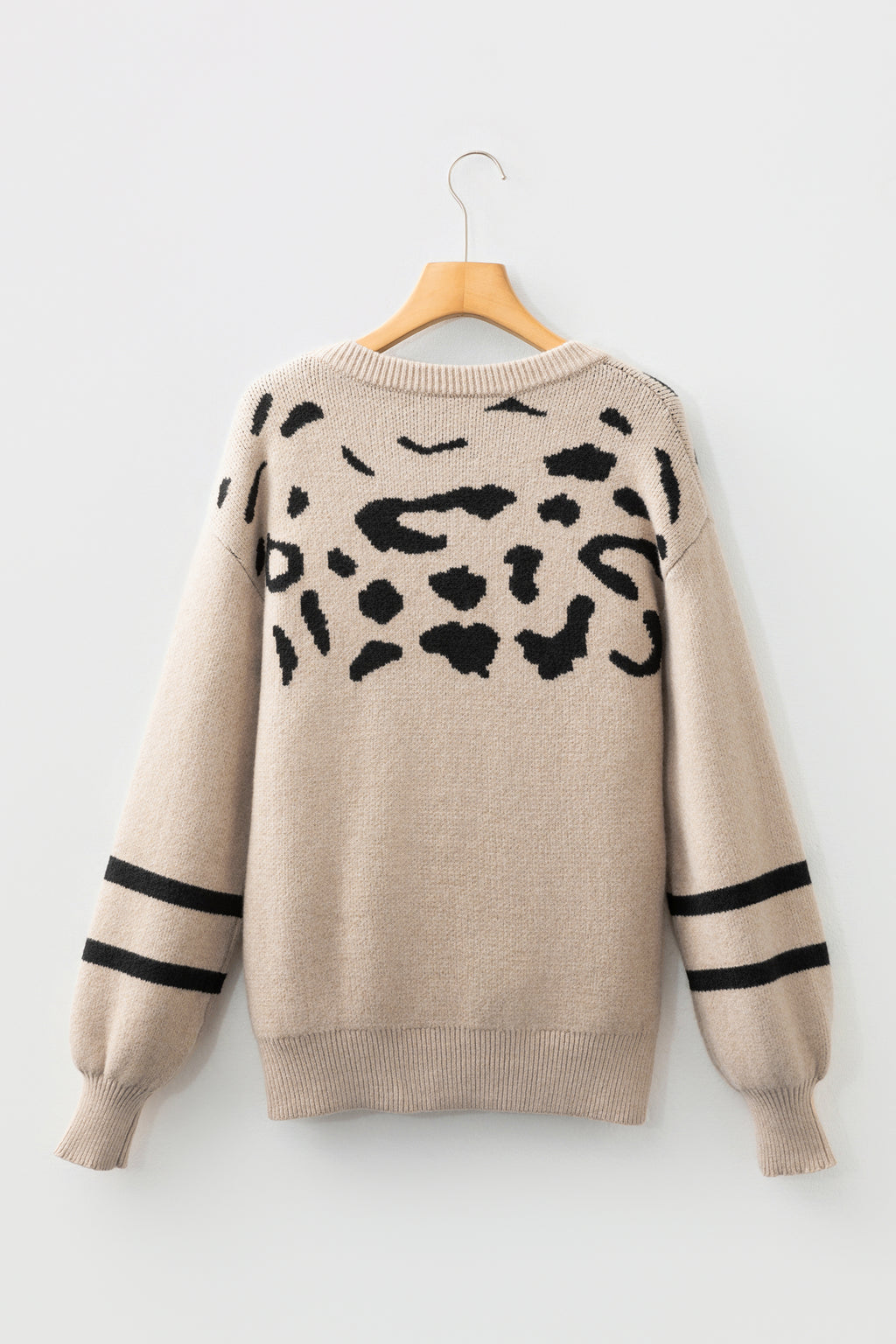 Khaki Leopard Striped Detail Drop Shoulder Sweater