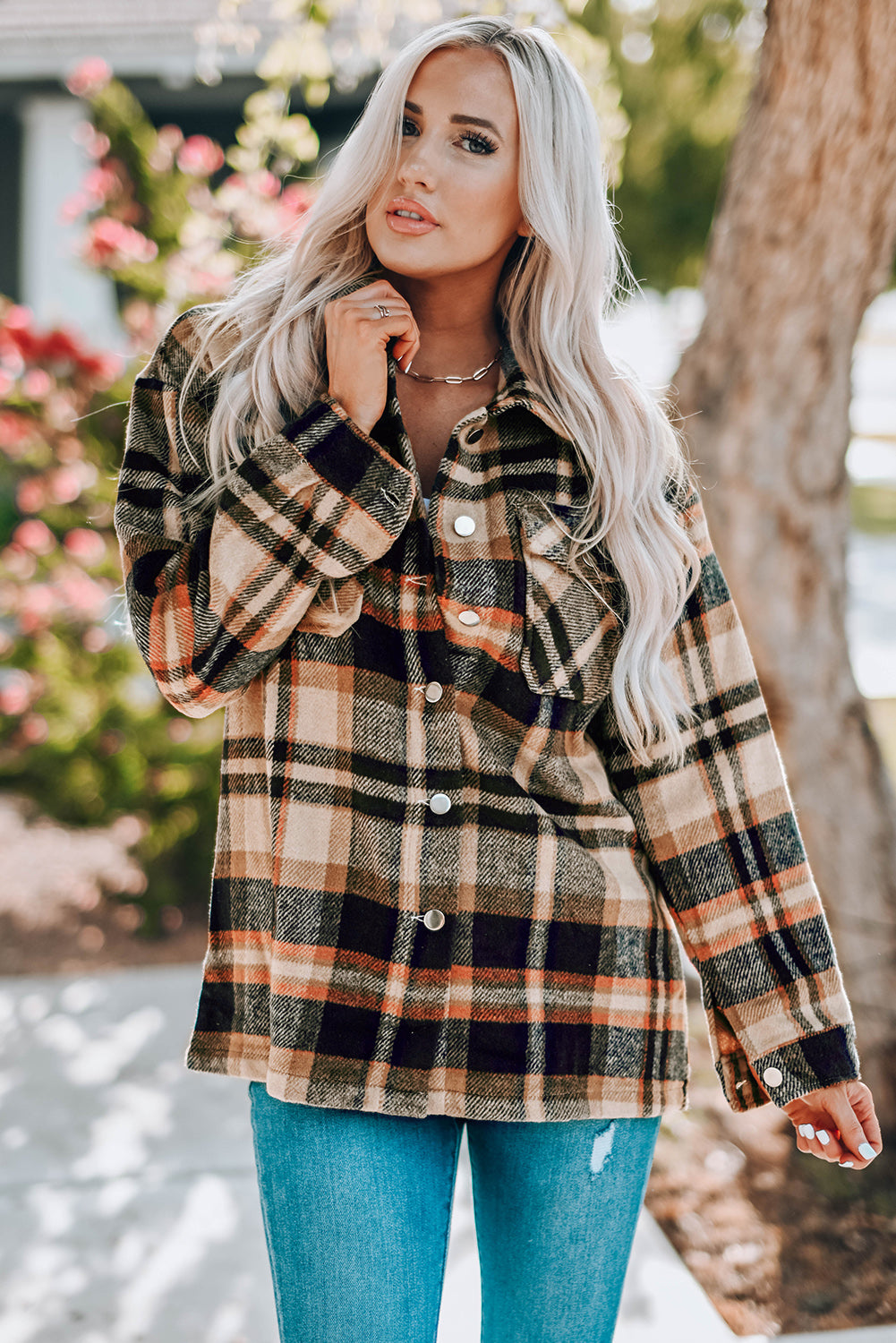 Pink Geometric Plaid Print Pocketed Shacket
