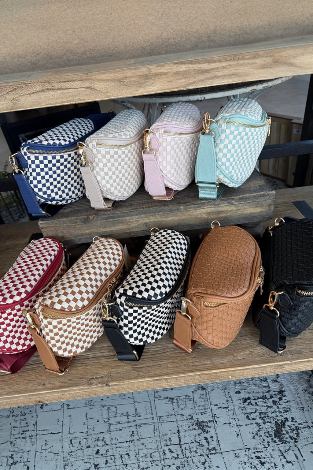 Straw Yellow Checkerboard Woven Zip Crossbody Bag