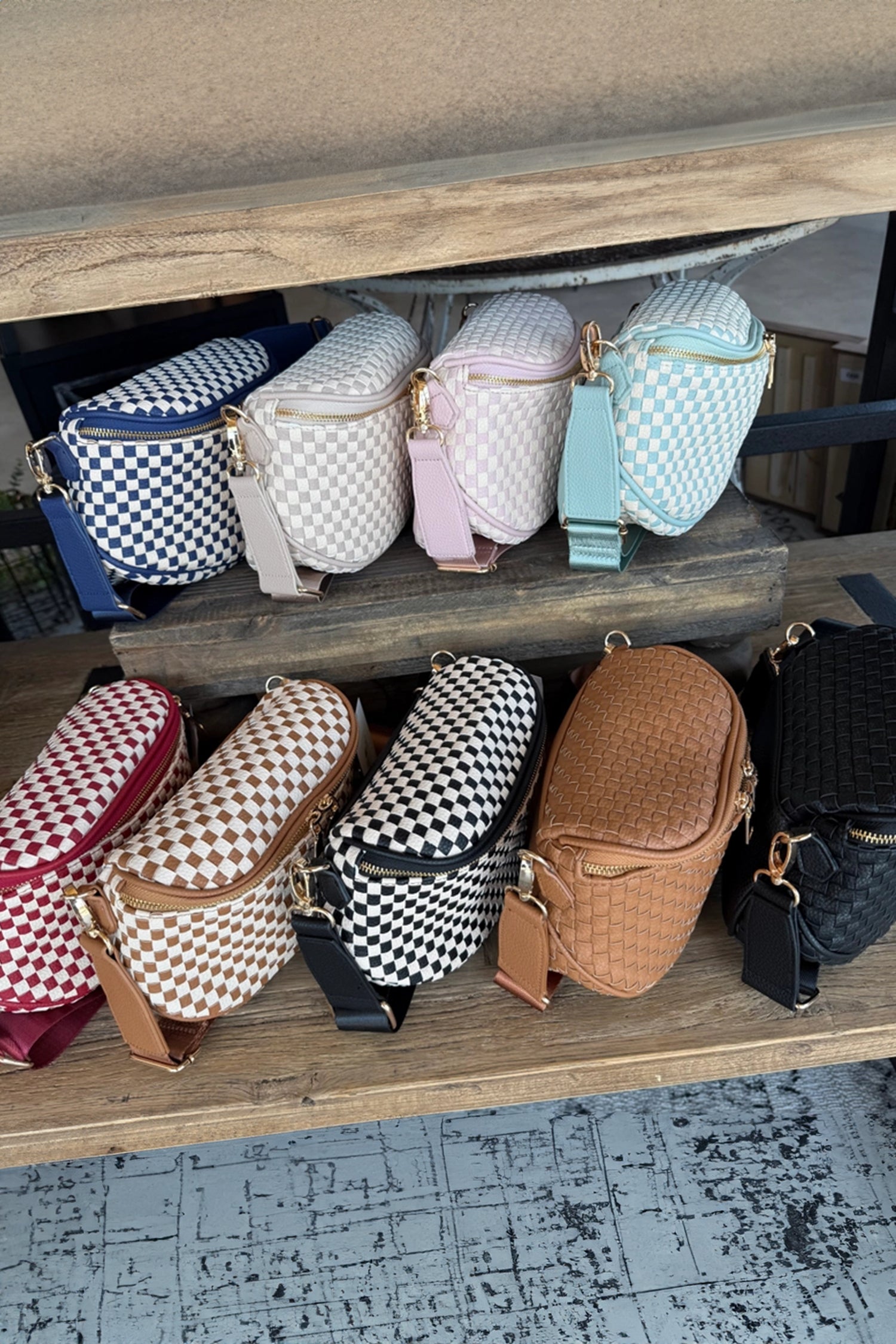 Straw Yellow Checkerboard Woven Zip Crossbody Bag