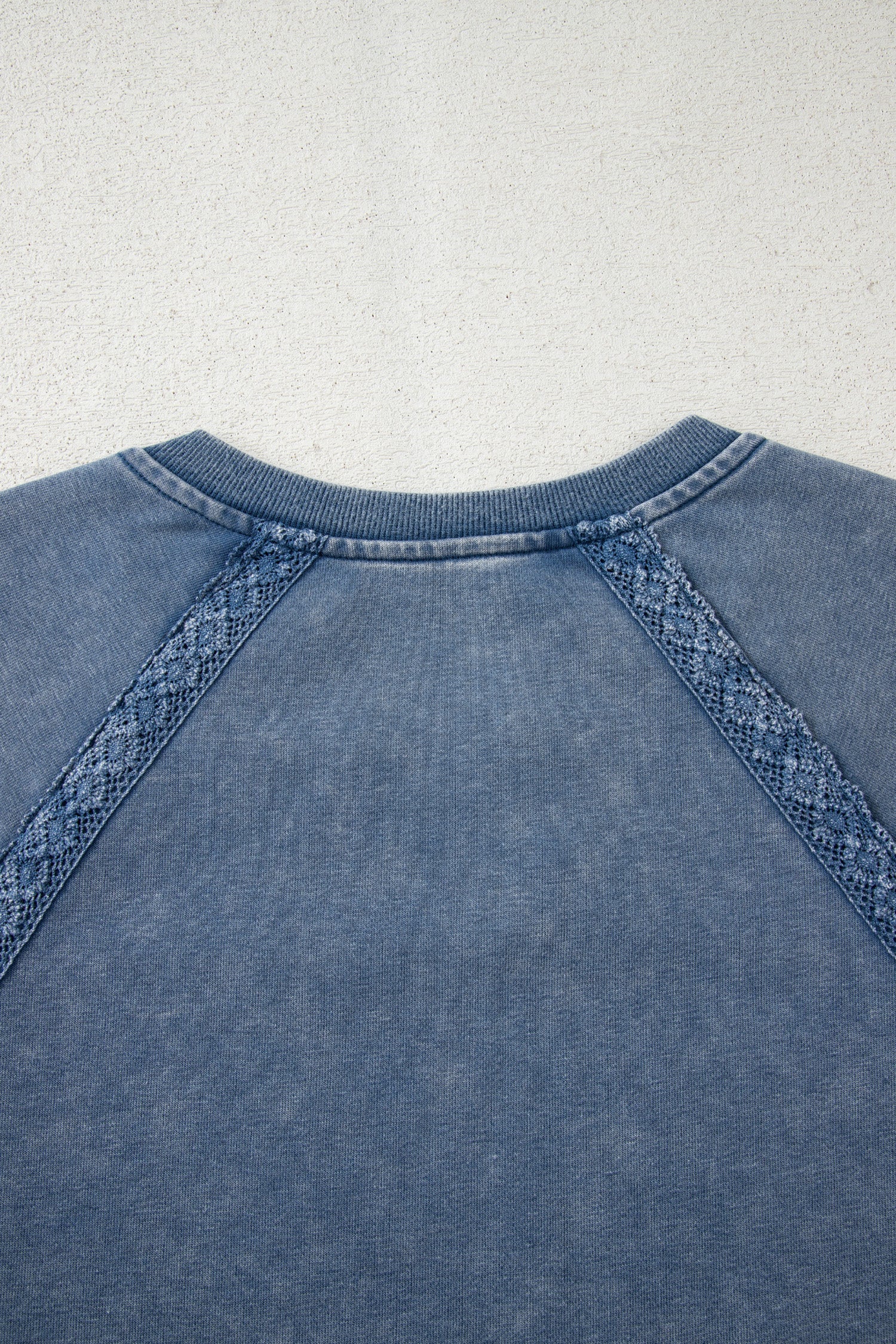Sail Blue Lace Patchwork Detail Notched Neck Mineral Wash Baggy Sweatshirt
