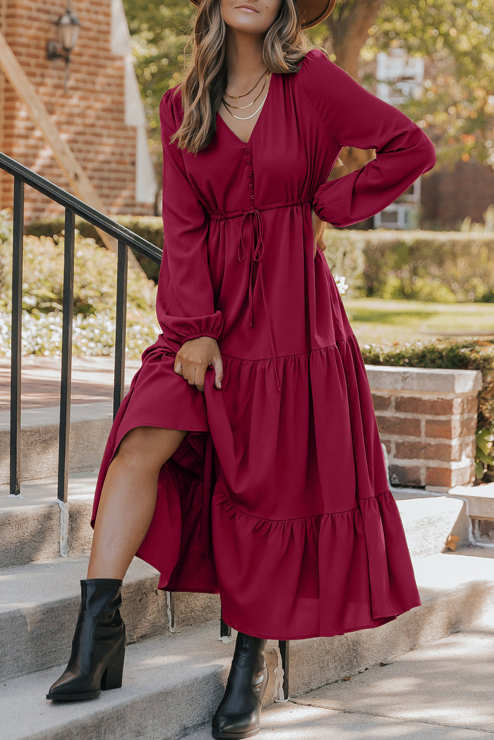 Blackish Green Solid Long Sleeve Button V Neck Tiered Maxi Dress