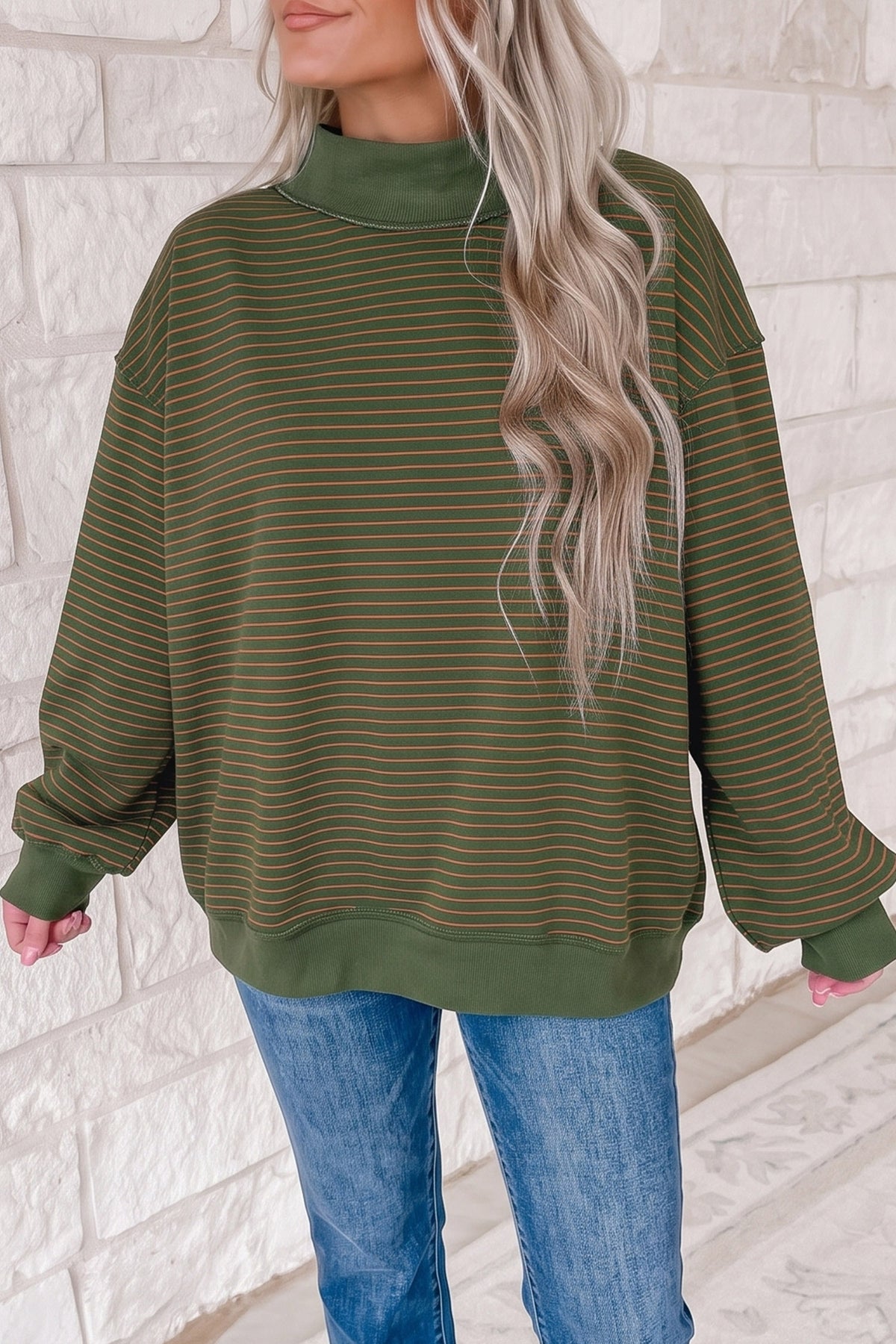 Khaki Stripe Ribbed Color Block Mock Neck Oversized Sweatshirt