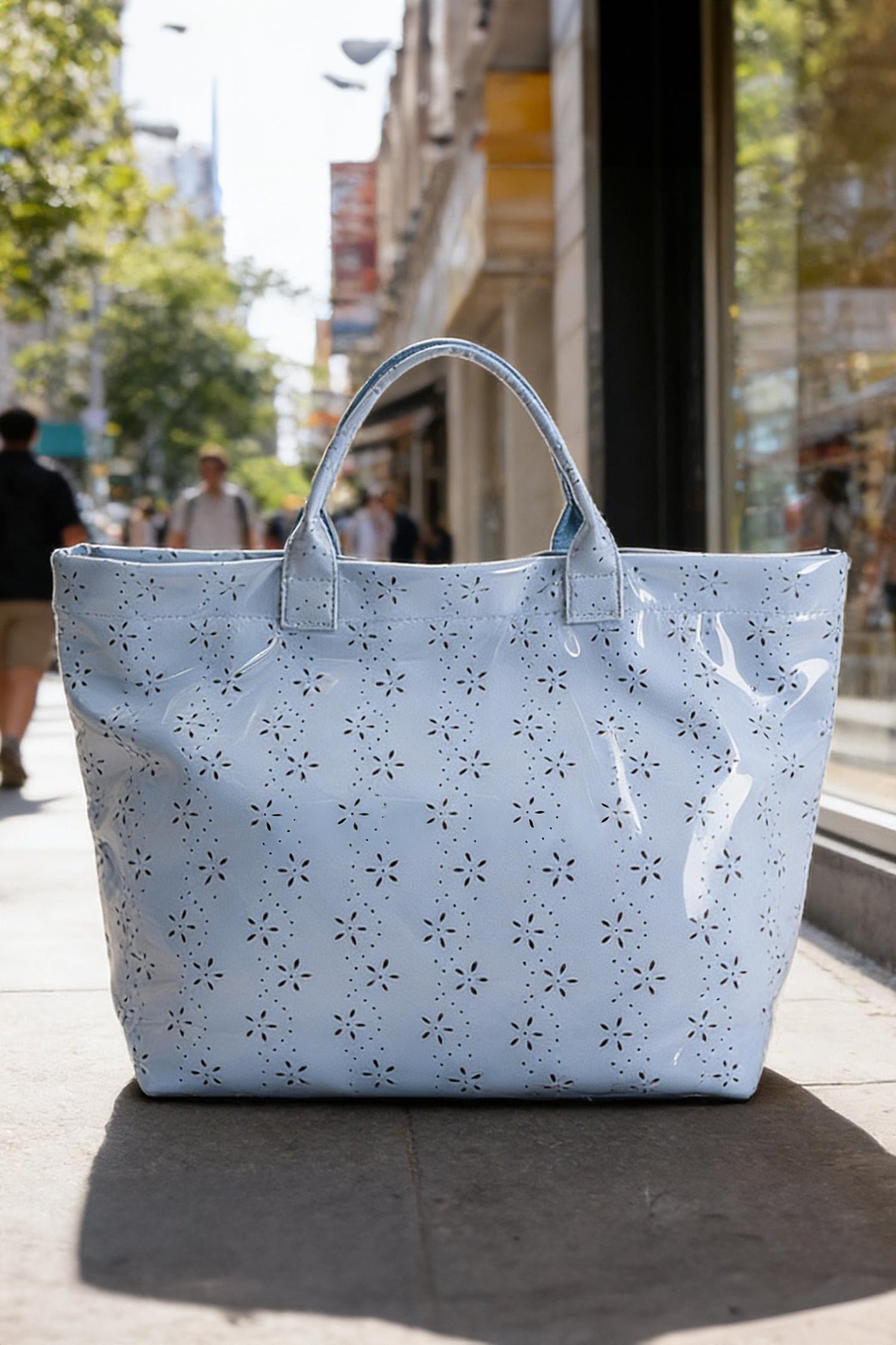 Dusk Blue Eyelet Flower Pattern PVC Glossy Waterproof Tote Bag