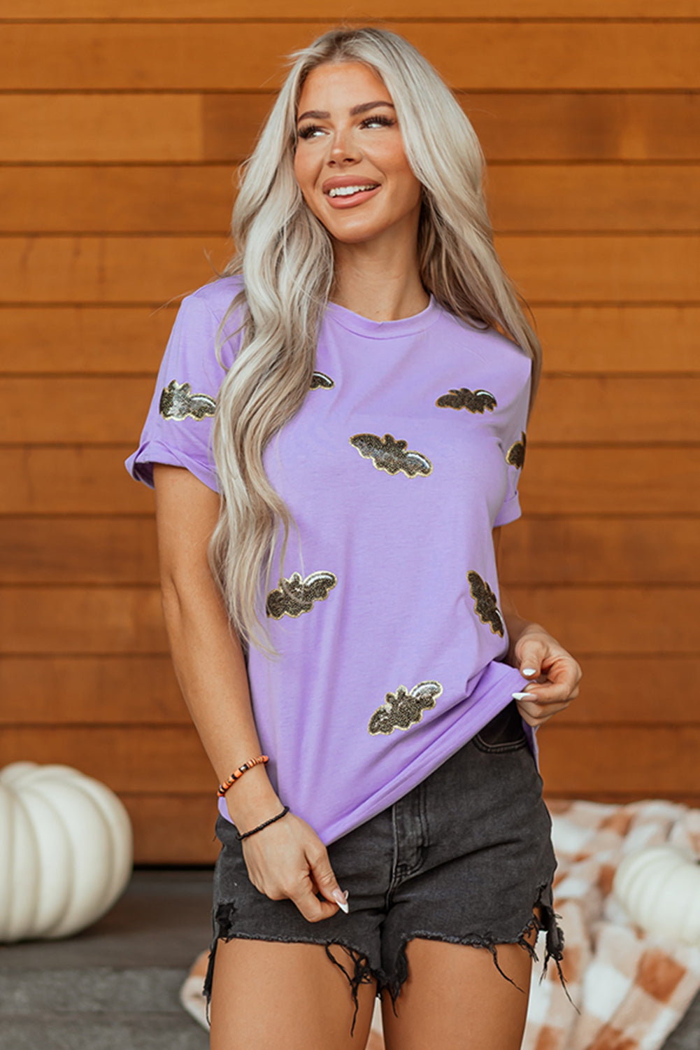 Wisteria Sequin Halloween Bat Patched Casual T Shirt