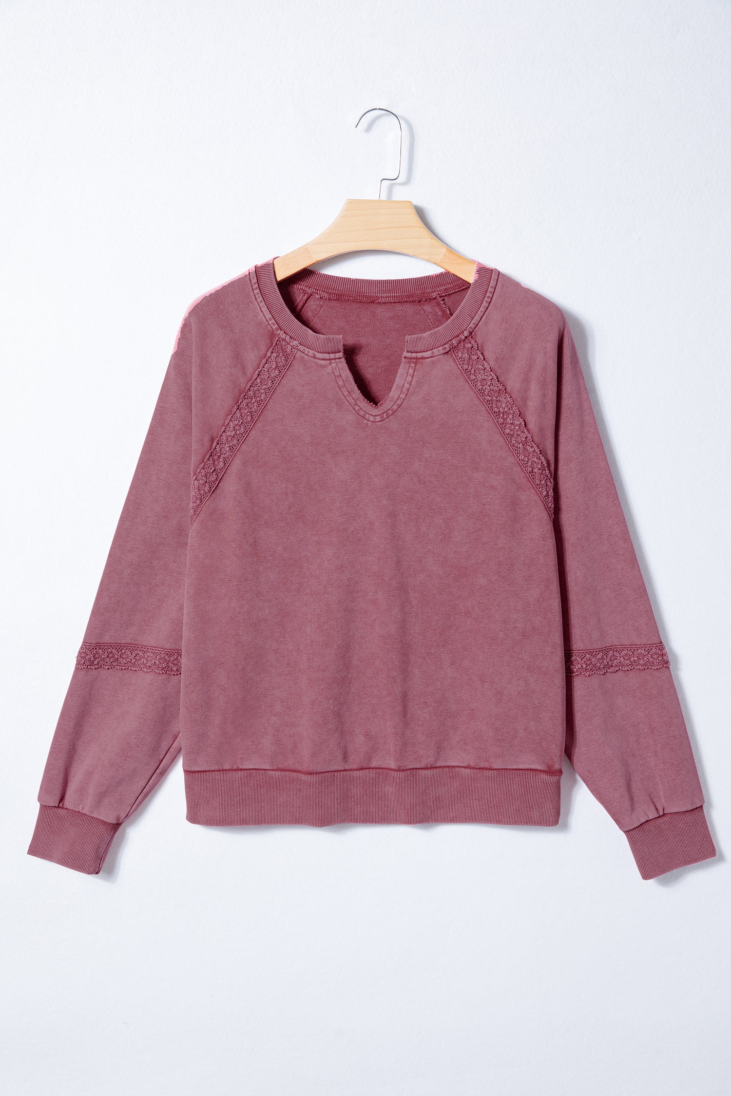Sail Blue Lace Patchwork Detail Notched Neck Mineral Wash Baggy Sweatshirt