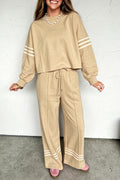 Parchment Contrasting Striped Detail Long Sleeve Top Loose Pants 2pcs Set
