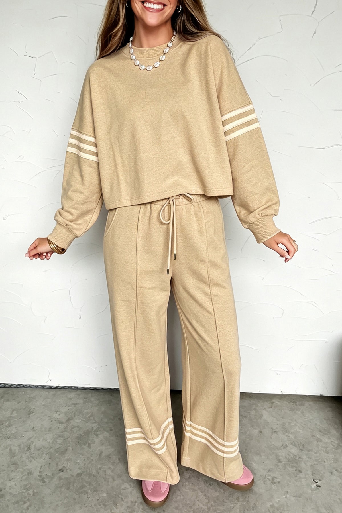 Parchment Contrasting Striped Detail Long Sleeve Top Loose Pants 2pcs Set