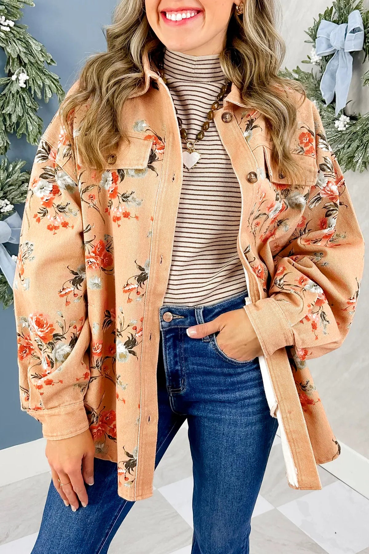 Khaki Floral Print Long Sleeve Shift 100% Cotton Denim Jacket