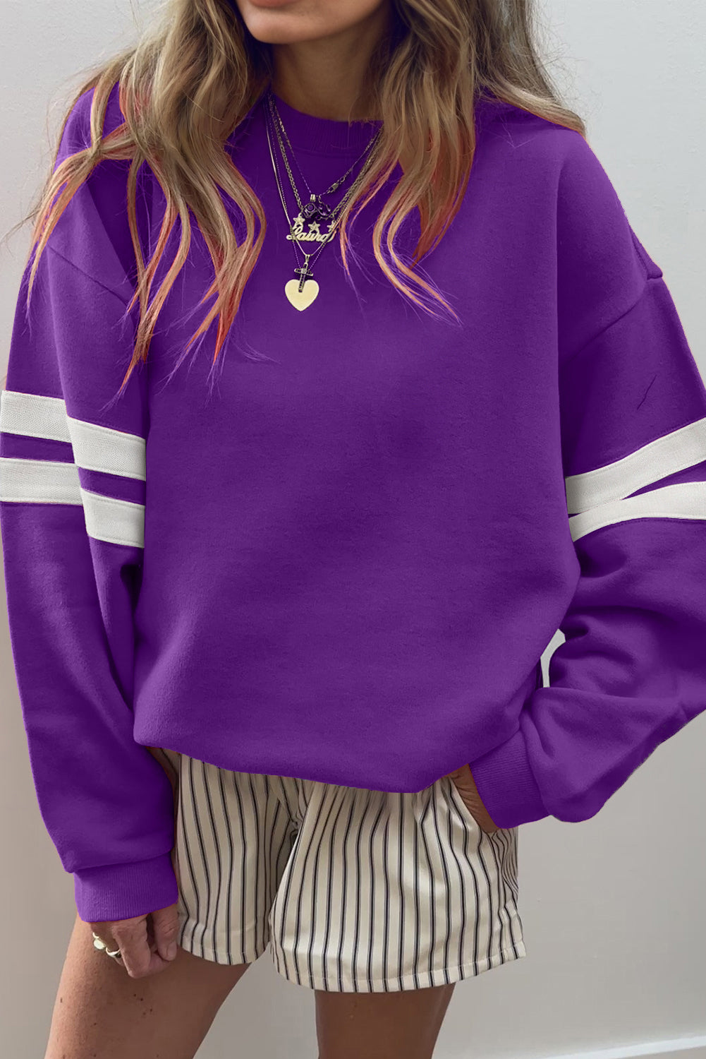 Light French Beige Varsity Striped Detail Drop Shoulder Oversized Sweatshirt