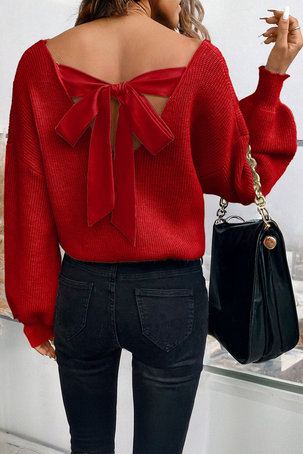 Black Lantern Sleeve V Neck Knot Back Sweater