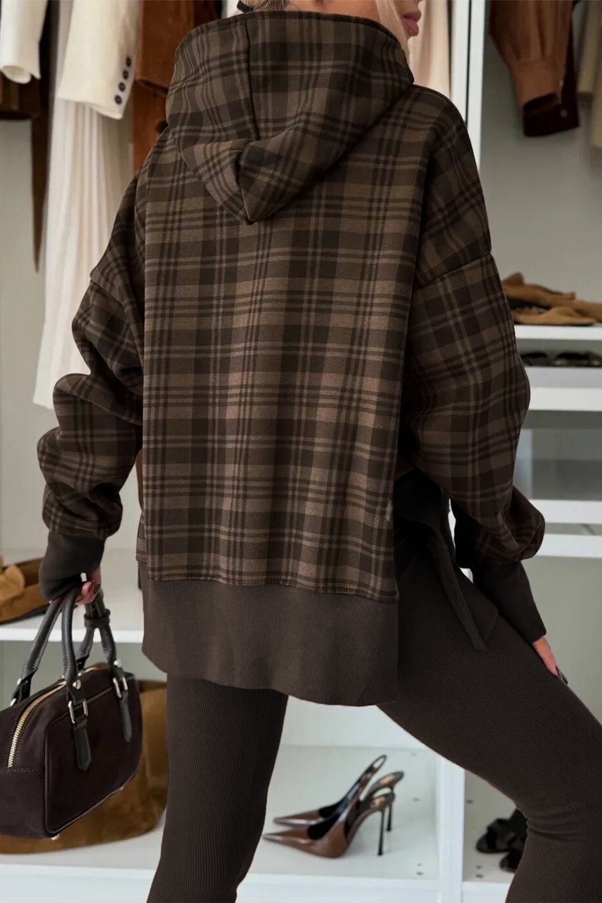 Chicory Coffee Plaid Patchwork Side Slit Hoodie