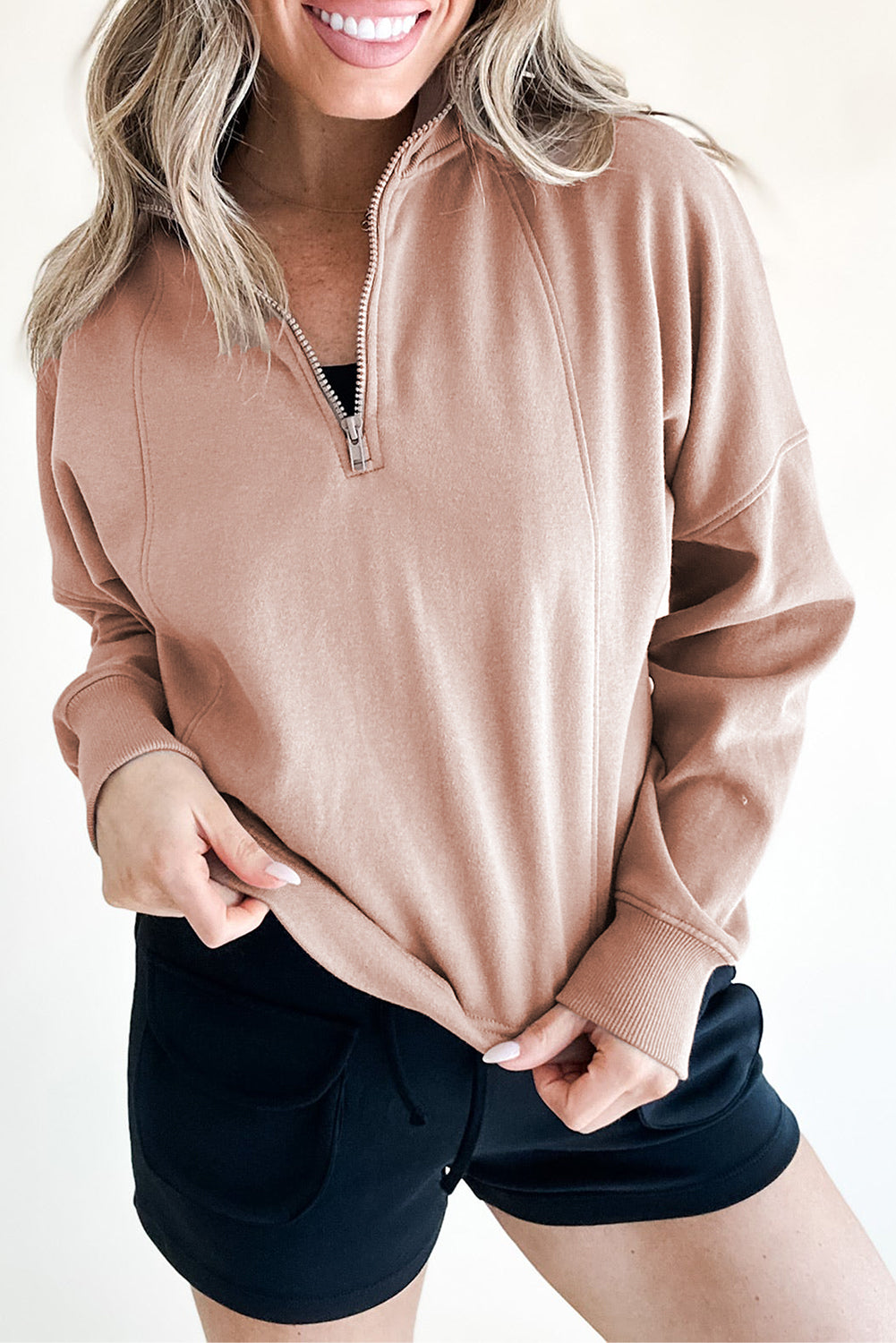 Jungle Green Zipped Neck Pullover Drop Shoulder Sweatshirt