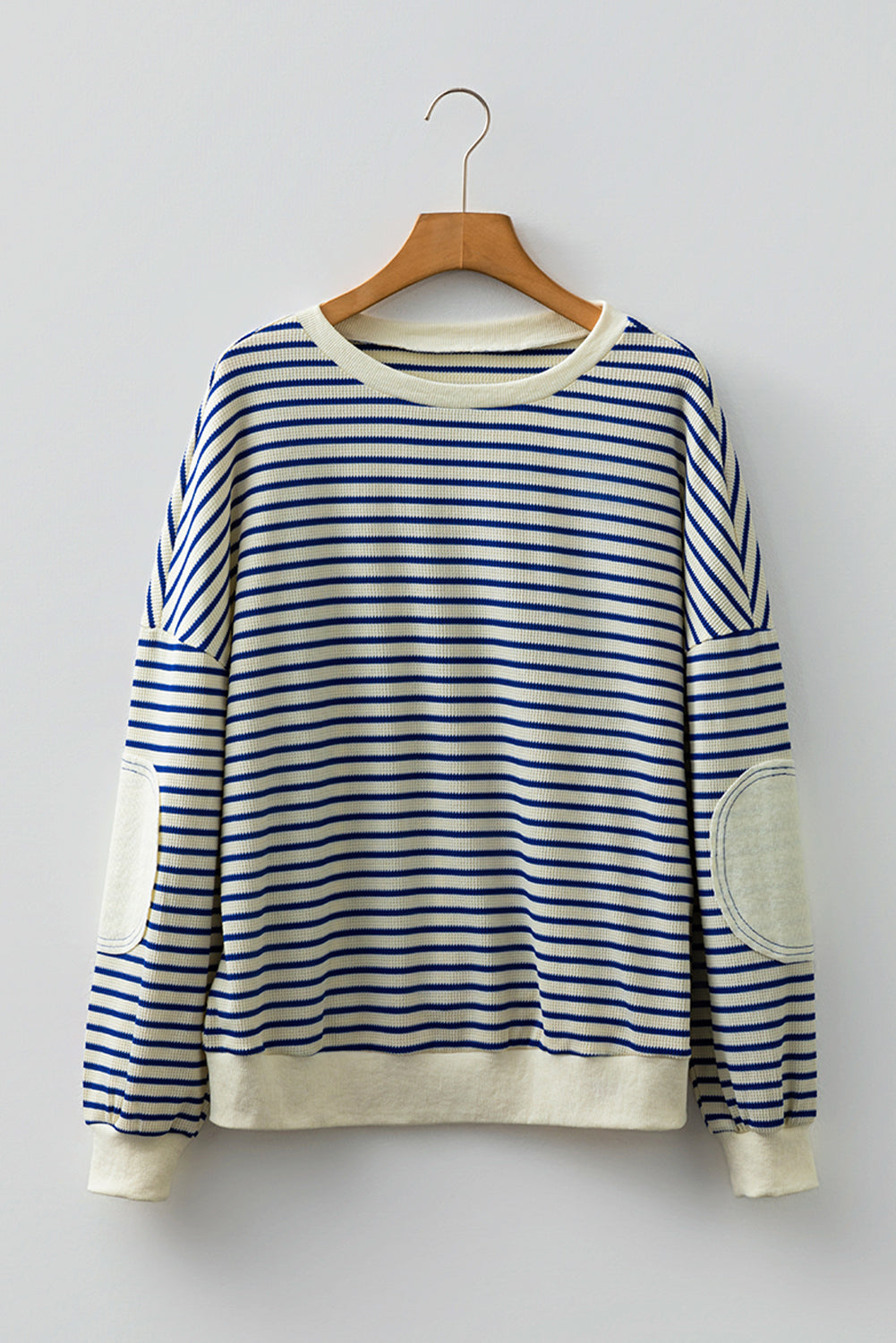 Blue Stripe Textured Elbow Patched Crew Neck Drop Shoulder Sweatshirt
