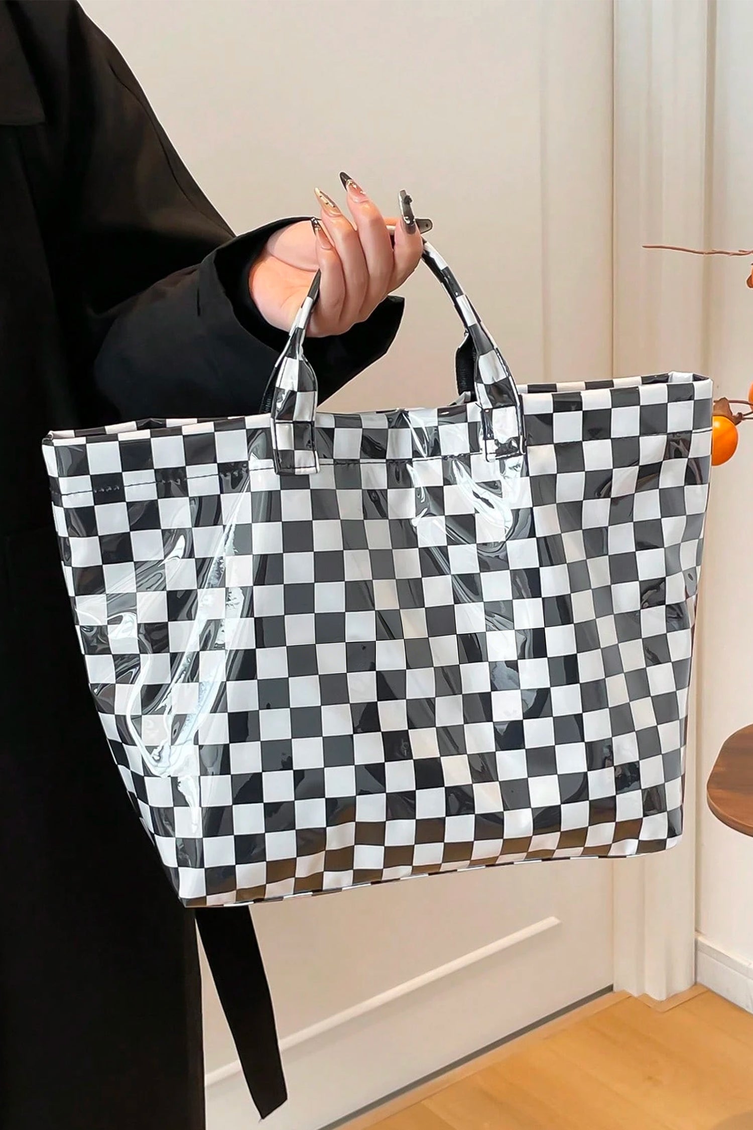 Dusk Blue Eyelet Flower Pattern PVC Glossy Waterproof Tote Bag