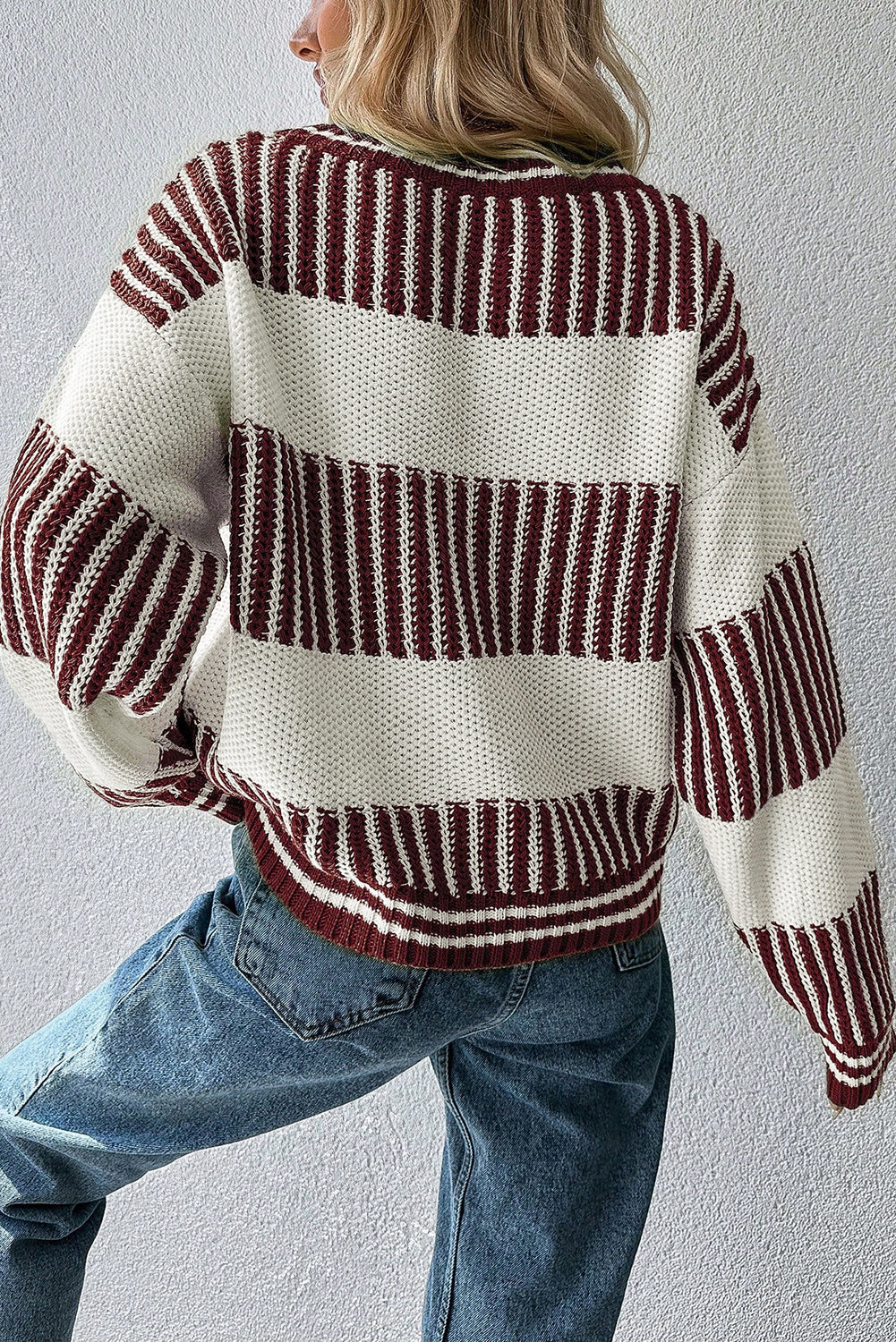 Brown Two Tone Striped Patchwork Drop Shoulder Loose Sweater