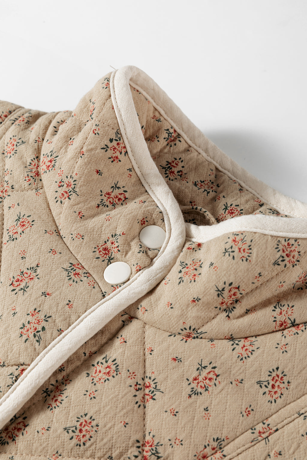 Khaki Floral Print Quilted Concealed Button Vest