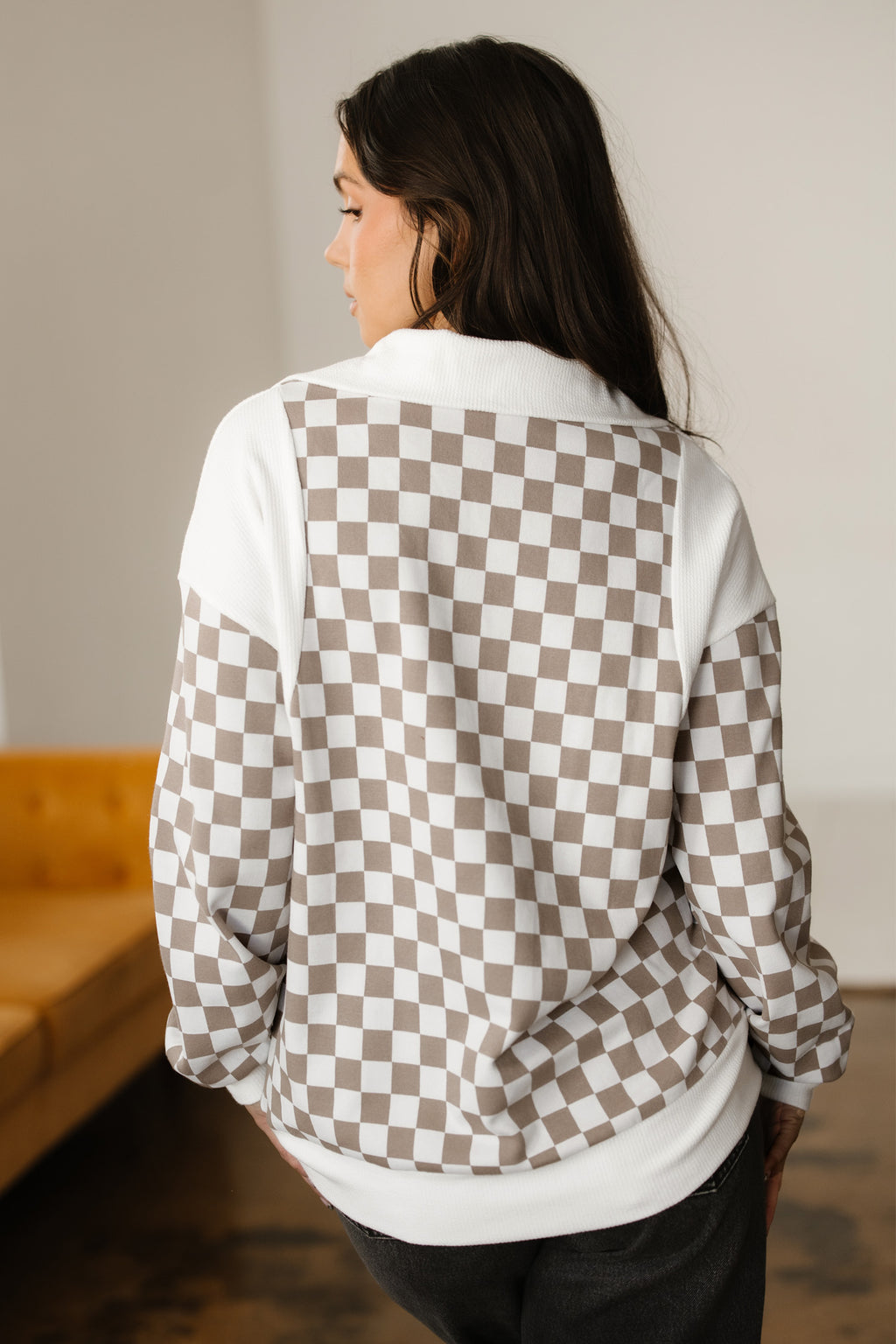 Khaki Checkered Print Quarter Zip Ribbed Patchwork Loose Sweatshirt