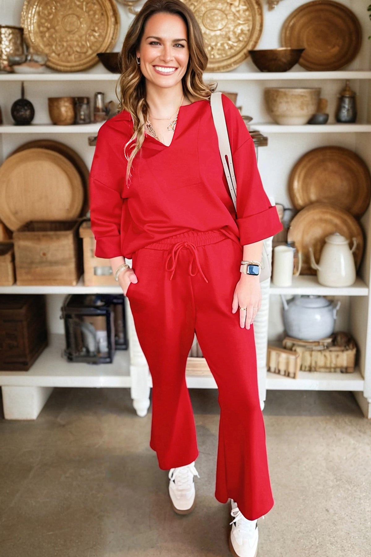 Fiery Red Polo Collar V Neck 3/4 Sleeve Pullover Drawstring Bell Bottom Pants 2pcs Set