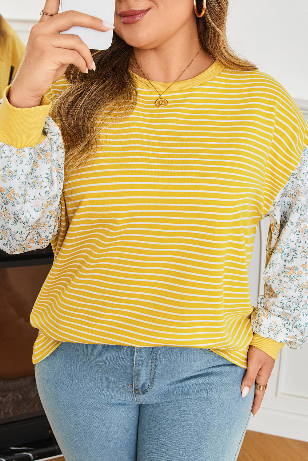 Yellow Stripe Striped Contrast Floral Sleeve Patchwork Plus Size Loose Top