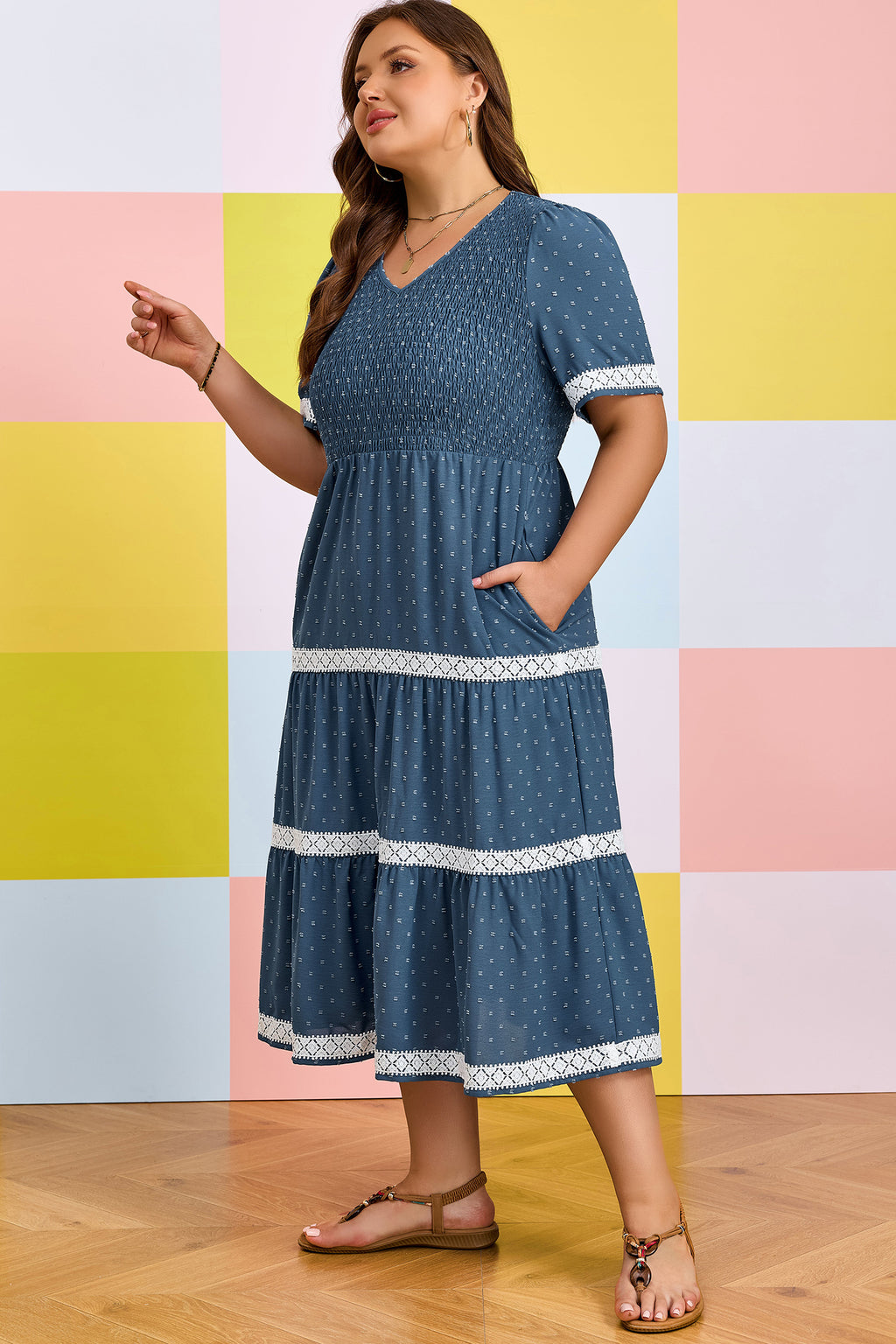 Dusk Blue Plus Size V Neck Swiss Dot Lace Patchwork Detail Flared Midi Dress