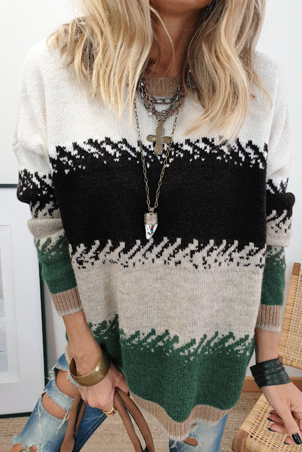 Black Stylish Color Block Pattern Drop Shoulder Sweater