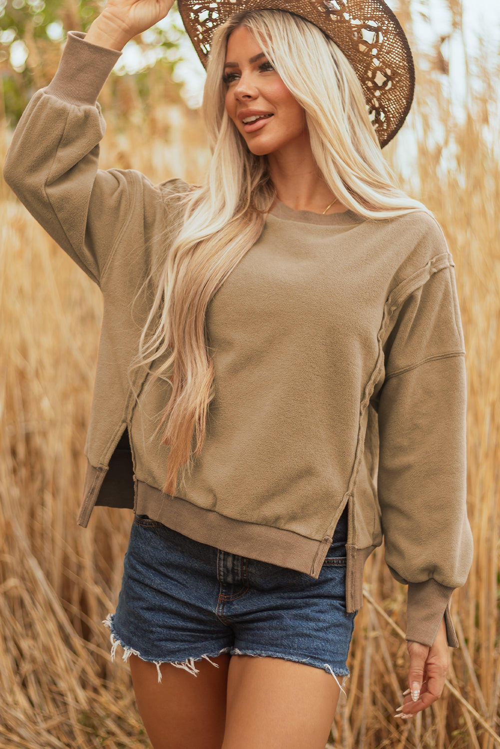 Dark Khaki Fuzzy Sherpa Splicing Pullover Sweatshirt with Side Slit