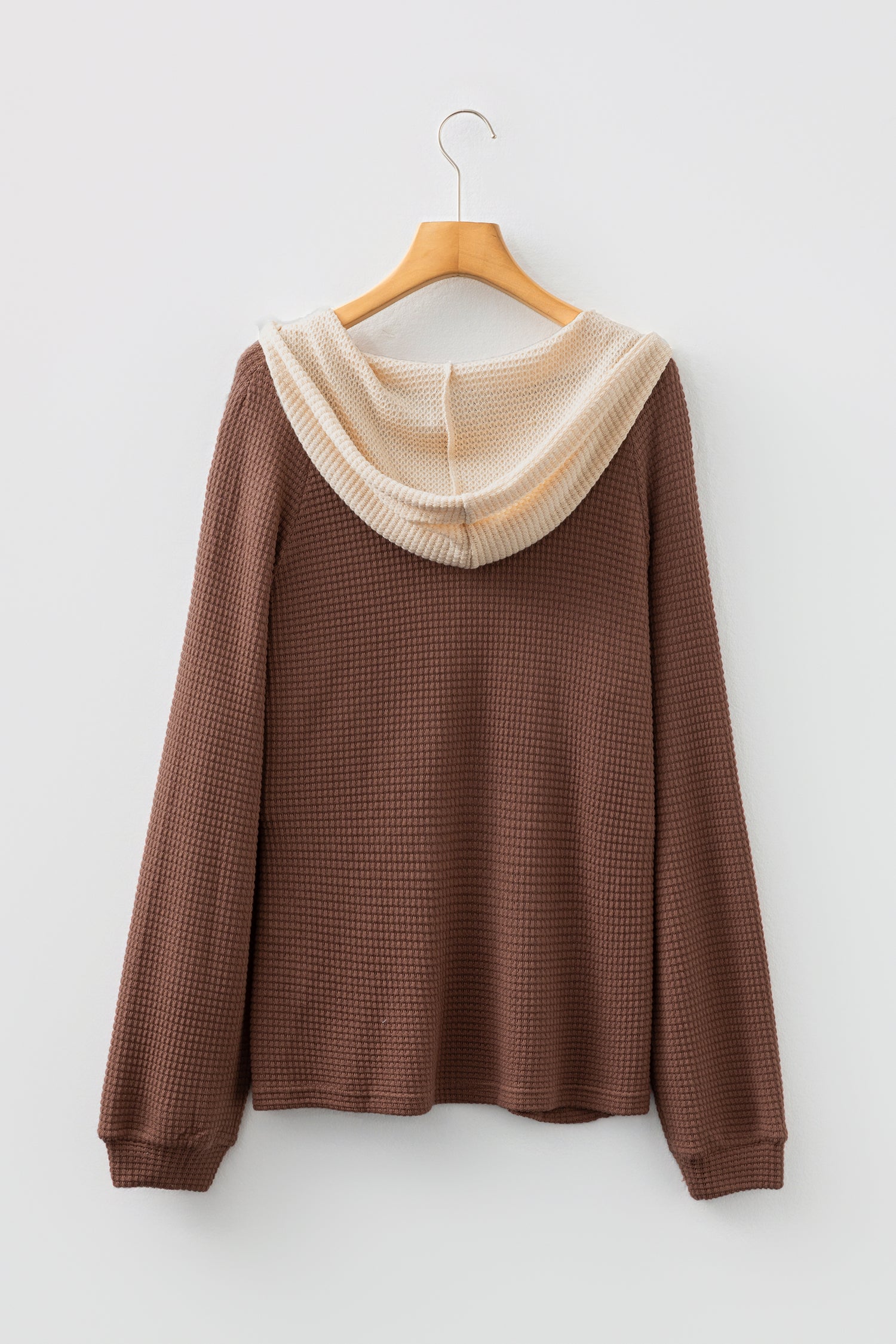 White Waffle Contrast Half Buttoned Hooded Pullover Top