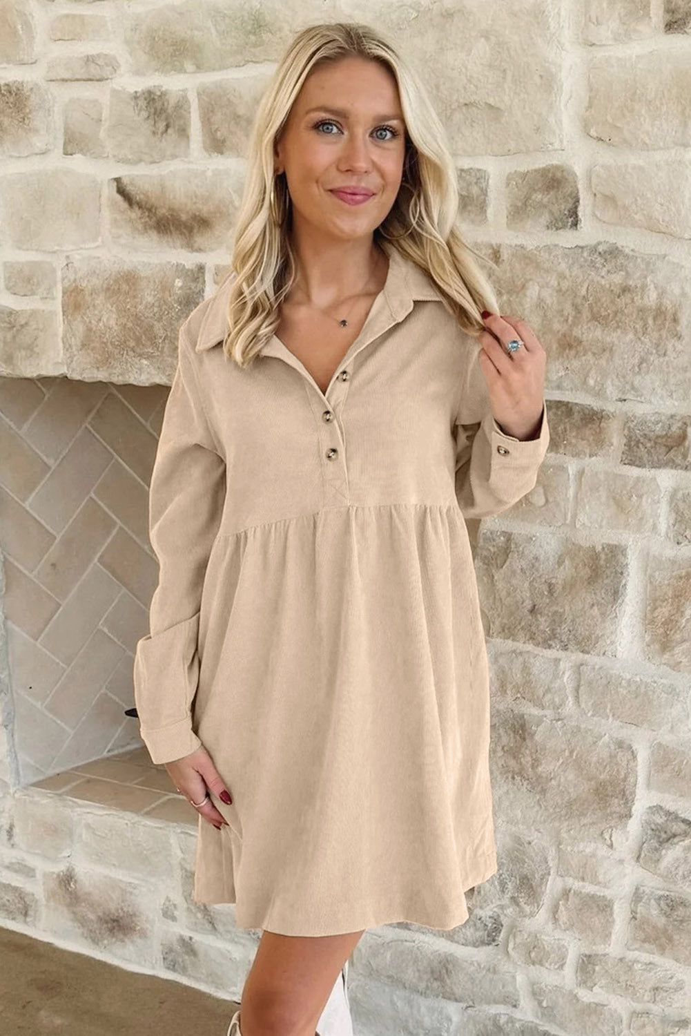 Black Corduroy Half Button Collared Long Sleeve Mini Dress