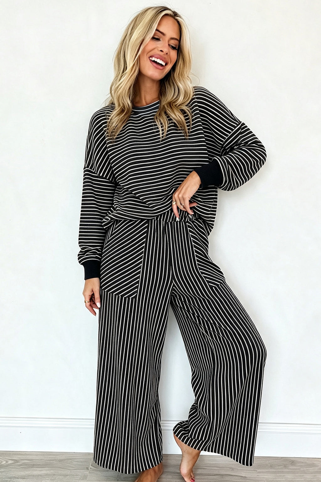 Brown Stripe Drop Shoulder Relaxed Pullover Casual Pants 2pcs Set