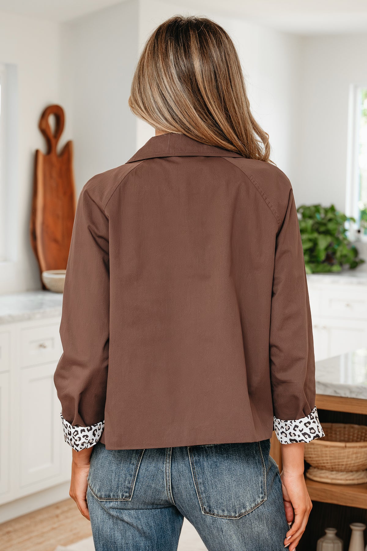 Dark Brown Collared Buttoned Leopard Liner Patchwork Chic Jacket