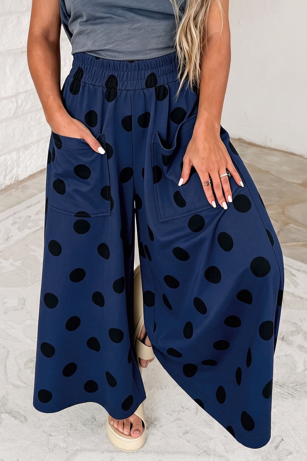 Burgundy Polka Dot Wide Leg Elastic Waist Casual Pants