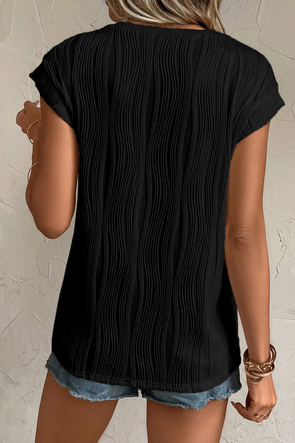 Black Wavy Textured Button V Neck Tee