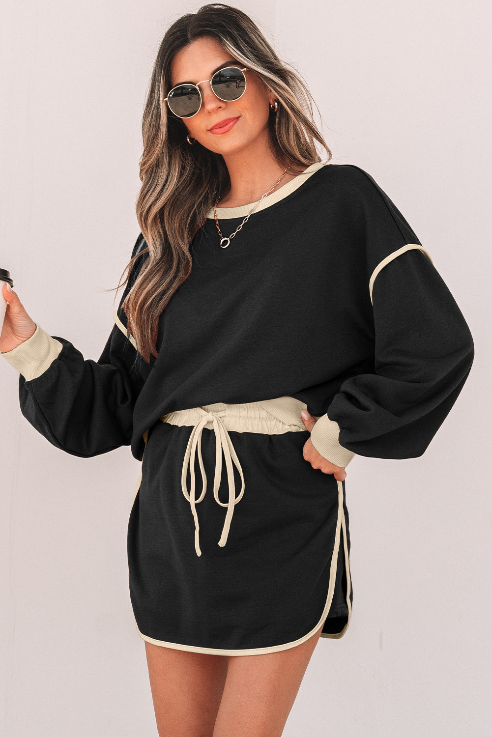 Coffee Color Contrast Loose Pullover and Lace-up Waist Skort Set