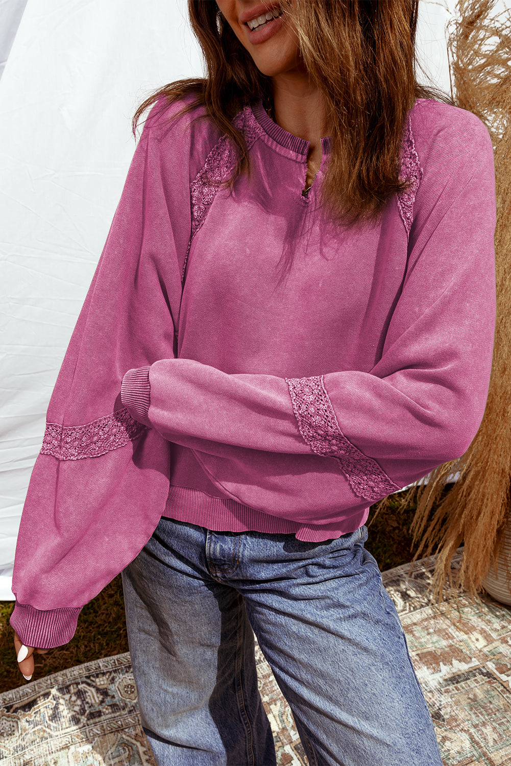 Sail Blue Lace Patchwork Detail Notched Neck Mineral Wash Baggy Sweatshirt