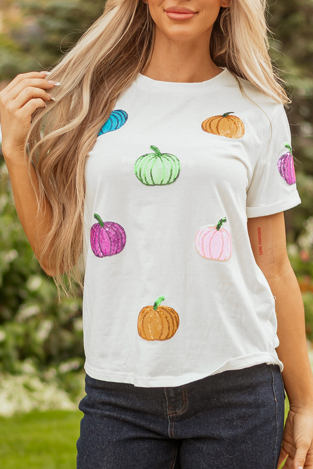 White Sequin Pumpkin Patched Cotton Blend T Shirt