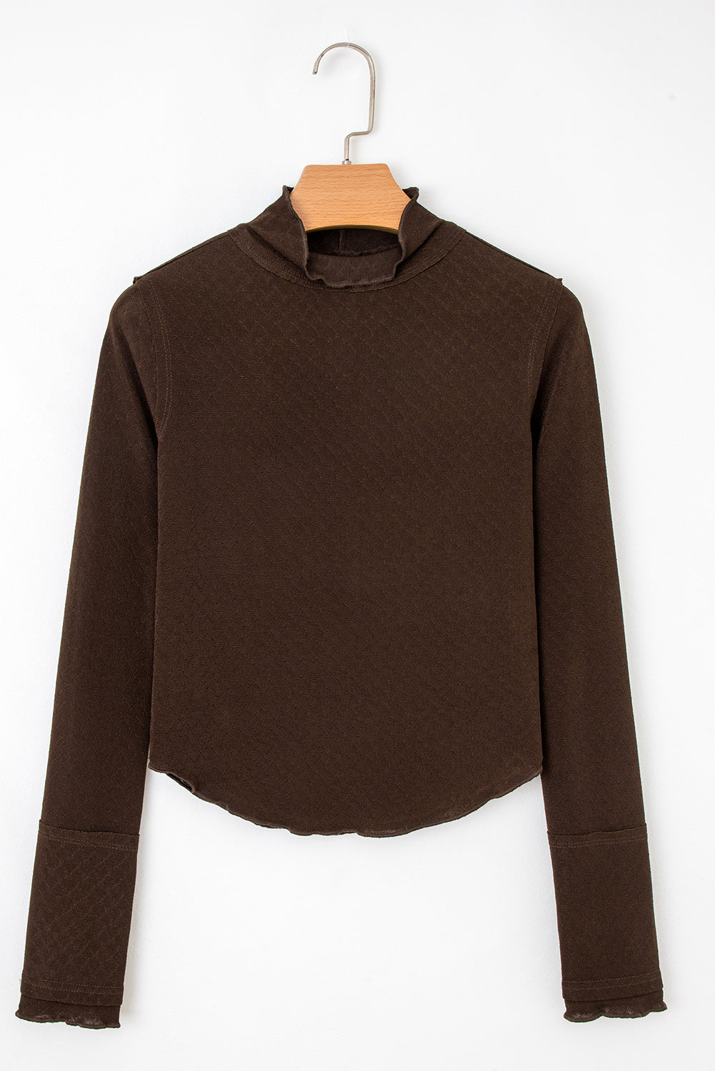 Cinnamon Lettuce Trim Raw Seam Patchwork Jacquard Long Sleeve Top