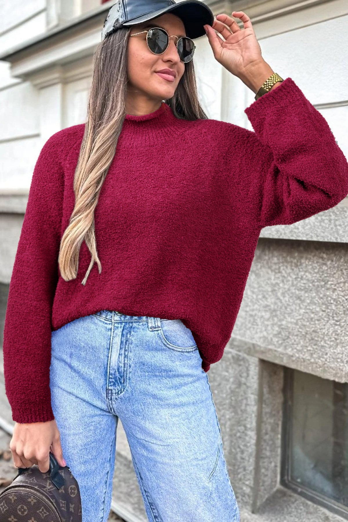 Burgundy Popcorn Mock Neck Solid Sweater