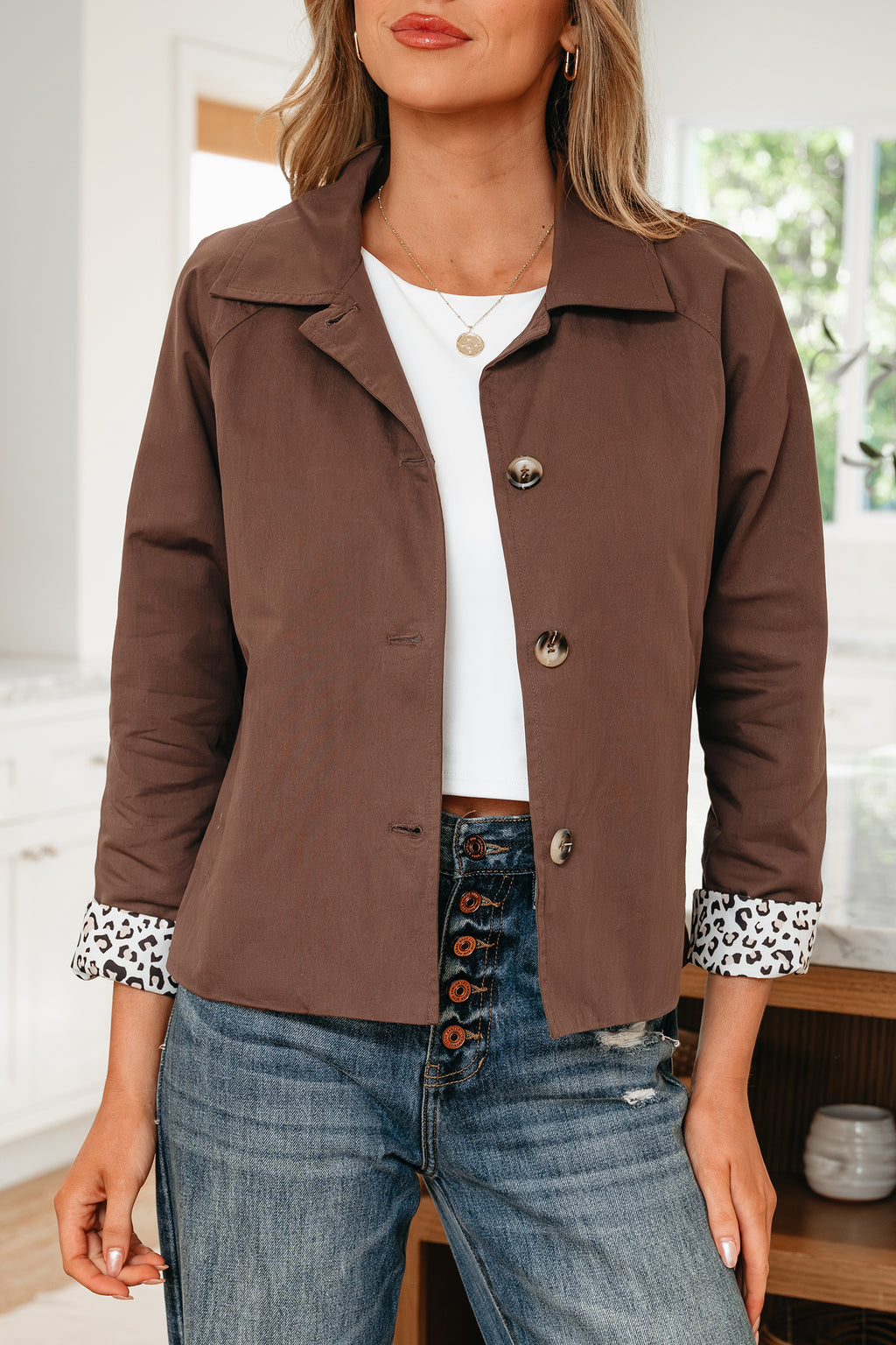 Dark Brown Collared Buttoned Leopard Liner Patchwork Chic Jacket