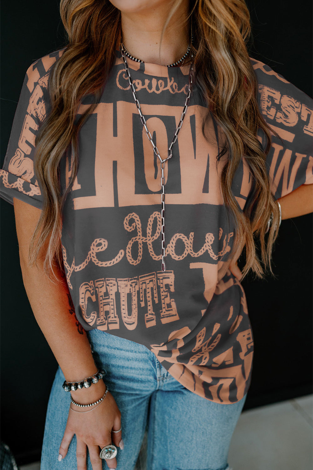 Dark Grey Howdy Cowboy Letter Printed Western Fashion Tee