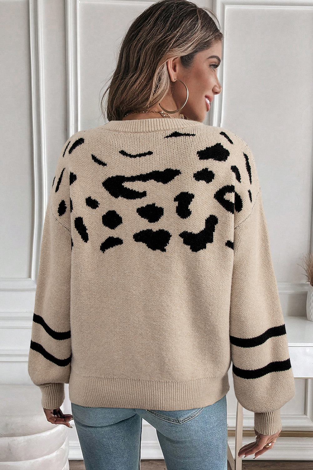 Khaki Leopard Striped Detail Drop Shoulder Sweater