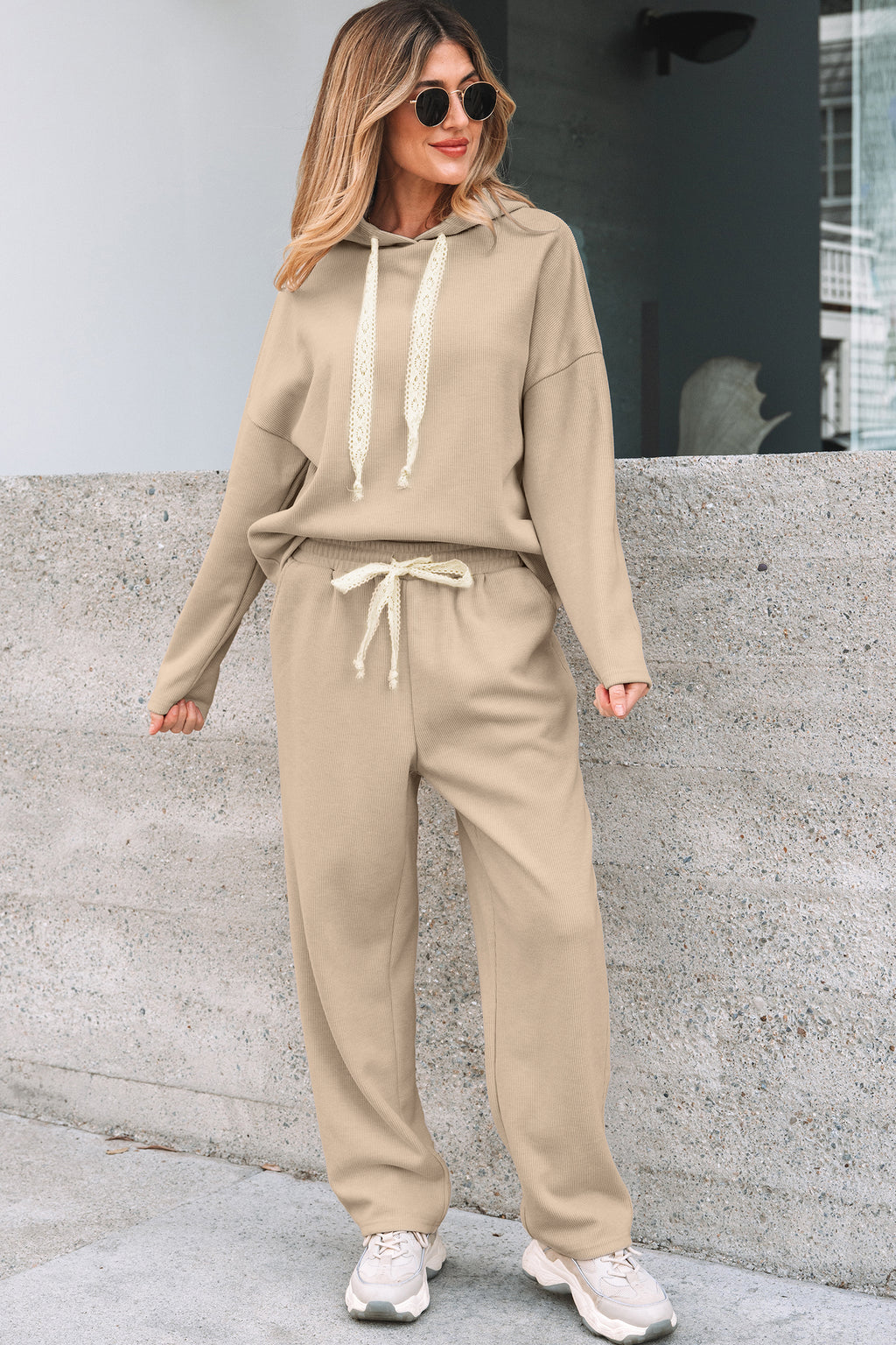 Casual Lace Drawstring Pullover Hoodie and High Waist Pants Corduroy Suit