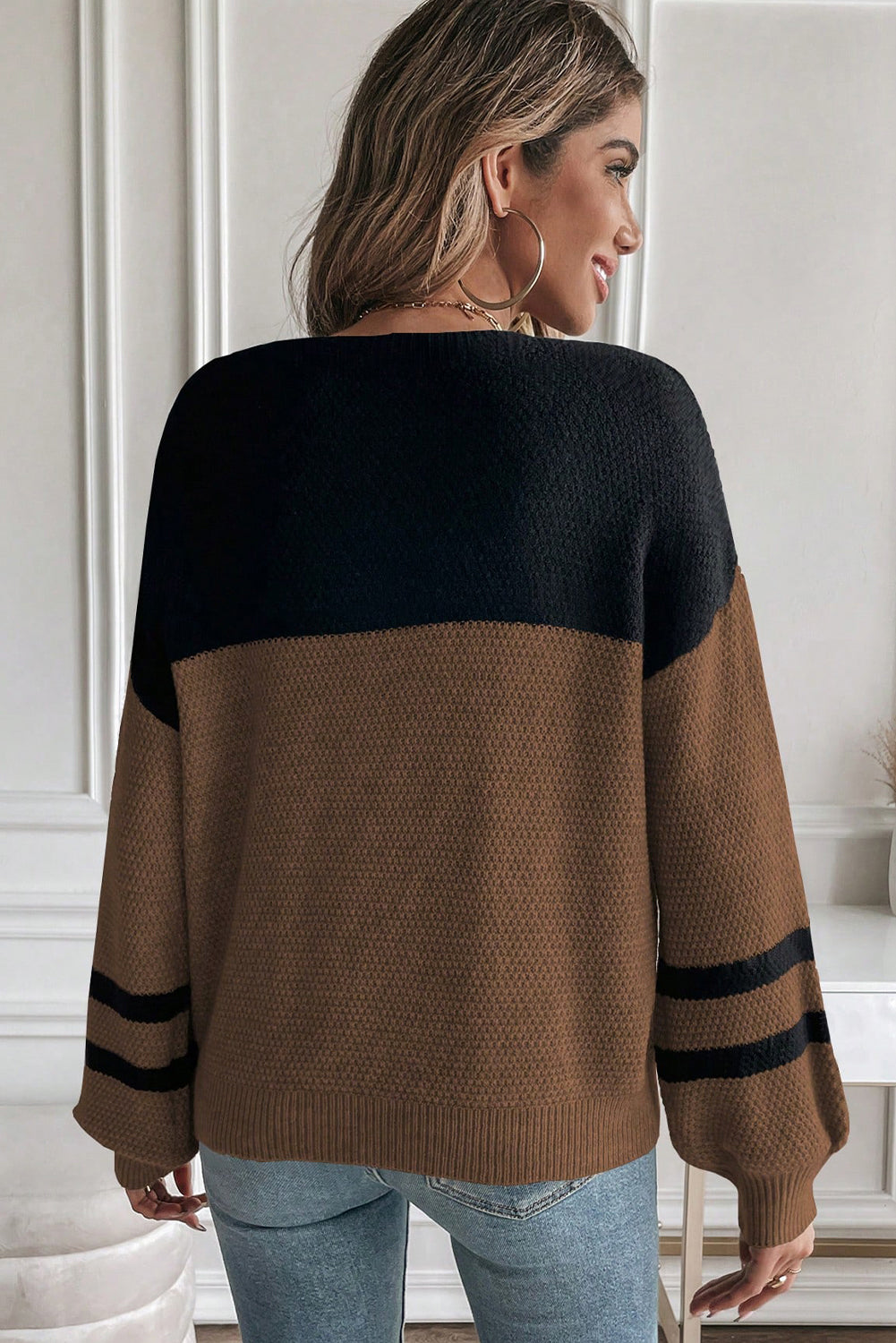 Parchment Color Block Knit Striped Sleeve Detail Casual Sweater