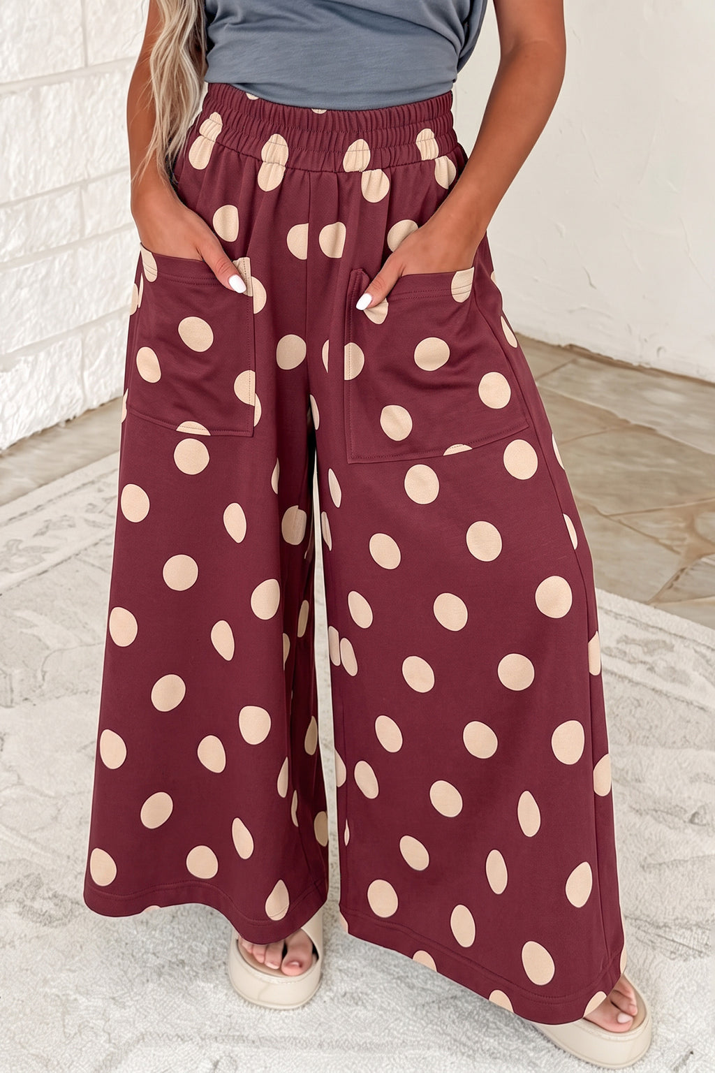 Burgundy Polka Dot Wide Leg Elastic Waist Casual Pants