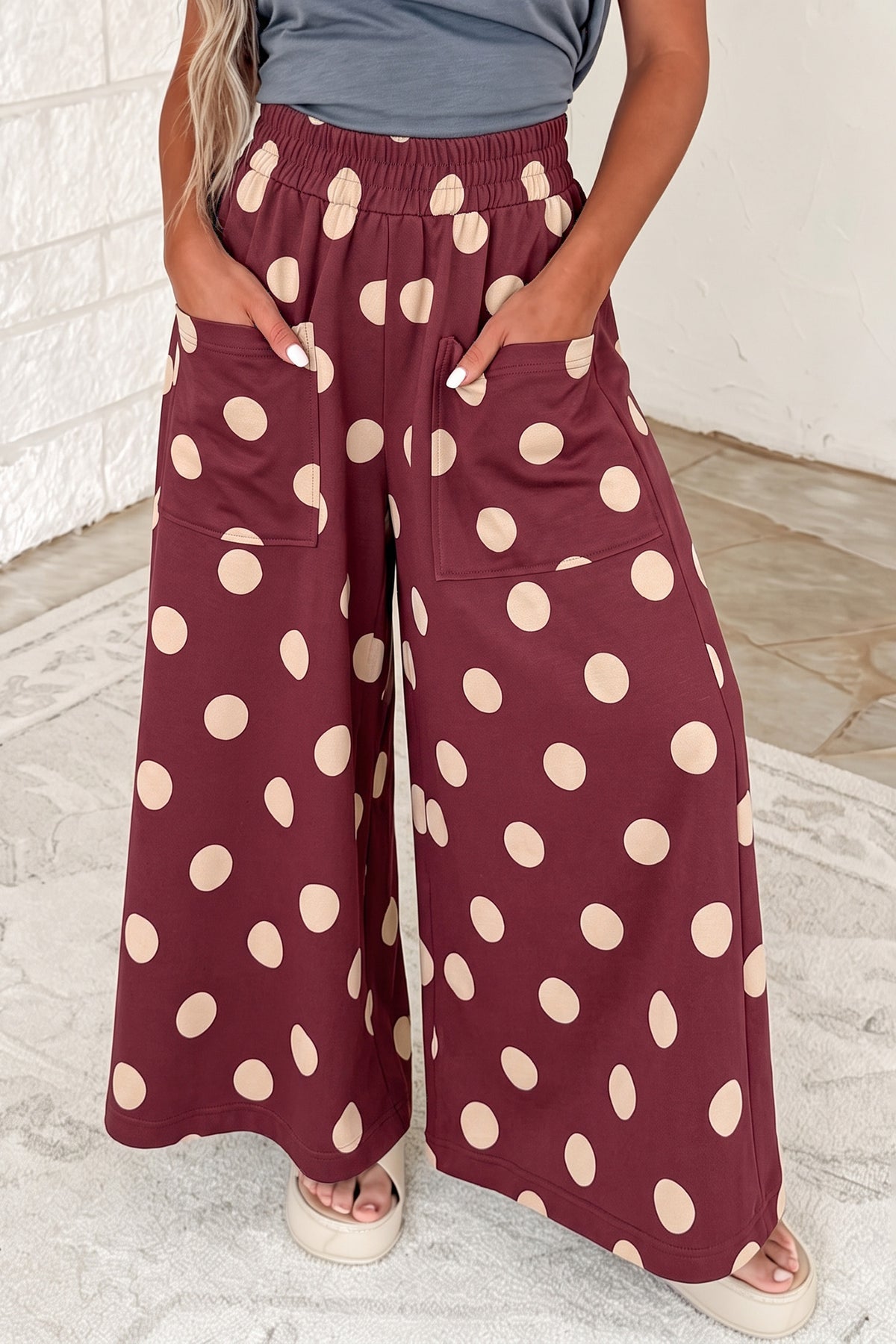 Burgundy Polka Dot Wide Leg Elastic Waist Casual Pants